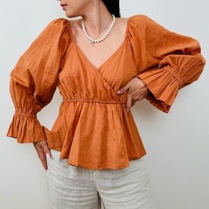 Free People 3/4 Sleeve Wrap Peplum Blouse Top Cinnamon Color
